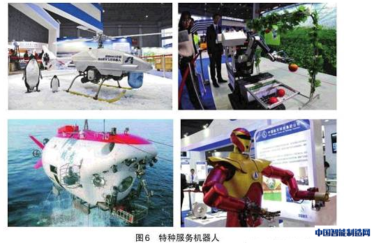 中国的特种机器人在“863计划”的支持下，取得了不少成果（图6）。其中最为突出的是水下机器人（如蛟龙号）和空间机器人（如神10），6000m水下无缆机器人的成果居世界领先水平，还开发出直接遥控机器人、双臂协调控制机器人、爬壁机器人、管道机器人等机种；在机器人视觉、力觉、触觉、声觉等基础技术的开发应用上开展了不少工作，有了一定的发展基础。但在多传感器信息融合控制技术、遥控加局部自主系统遥控机器人、智能装配机器人、机器人化机械等的开发应用方面则刚刚起步，与国外先进水平差距较大。